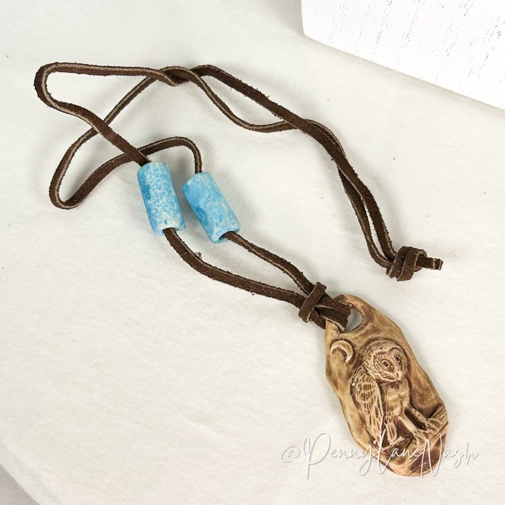 Vintage Owl Stone Etched on Burlap w/ Blue Stones Necklace - Picture 5 of 6